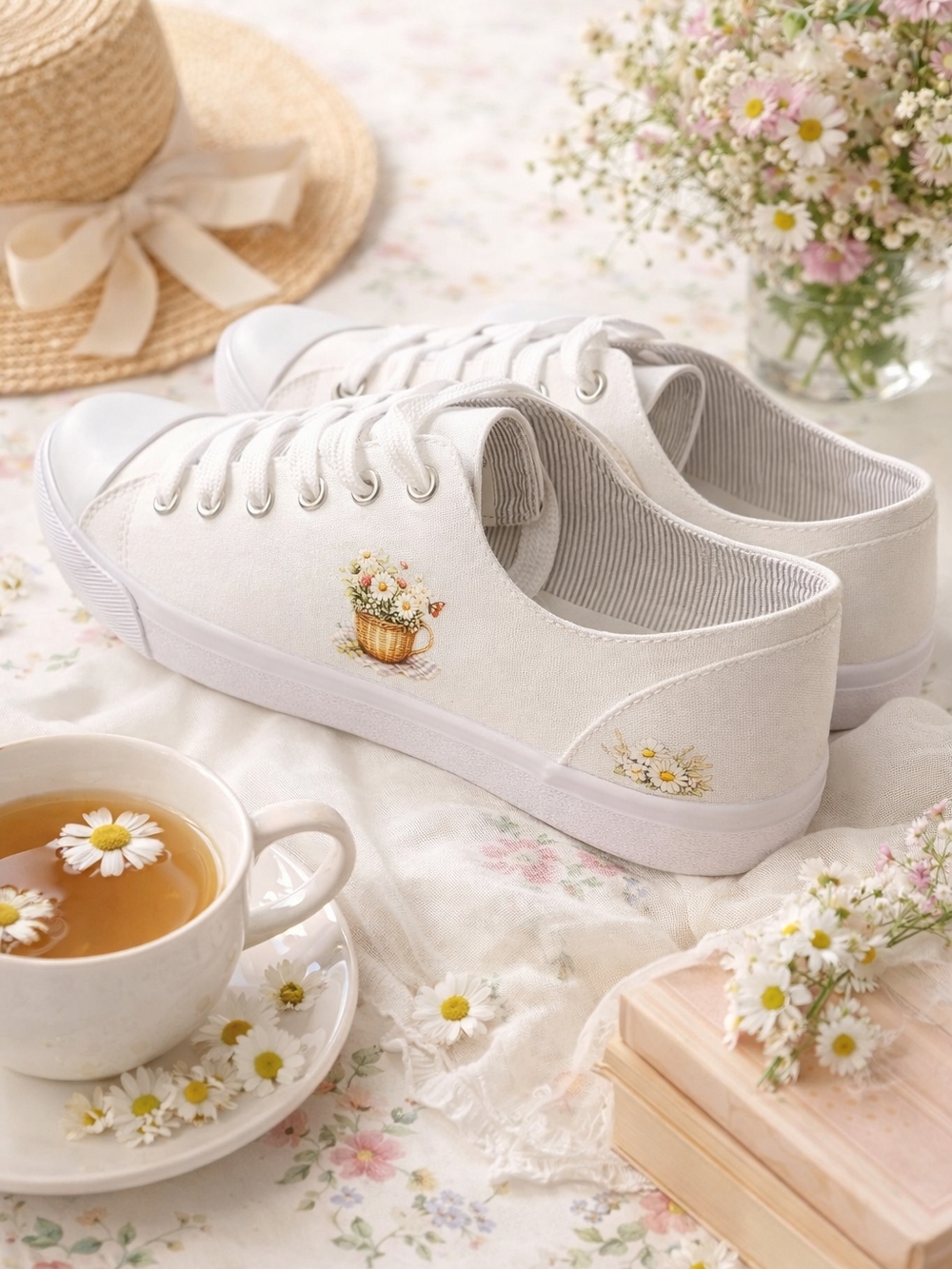 Custom Floral Tea Cup Sneakers Womens 10 Vintage Cottagecore NWT